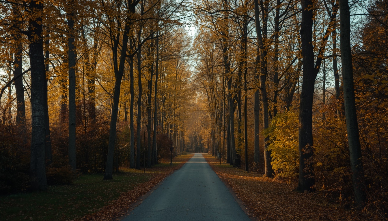 Skeletonwhradian morning walk along an Oslo tree-lined path at dawn